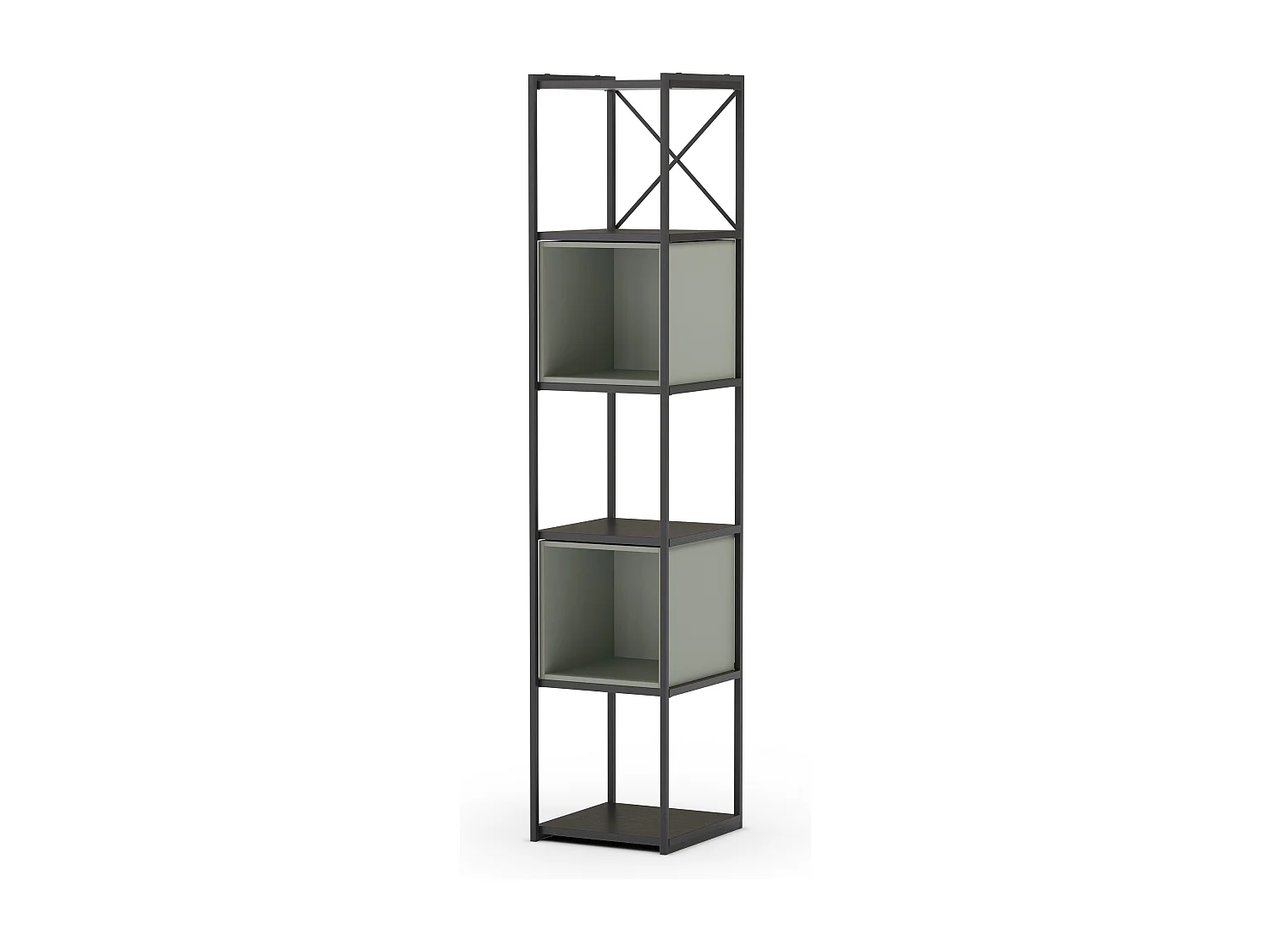Bibliothèque, meuble étagère aspect bois coloris vert et métal noir - Longueur 36 x Profondeur 39 x Hauteur 179 cm