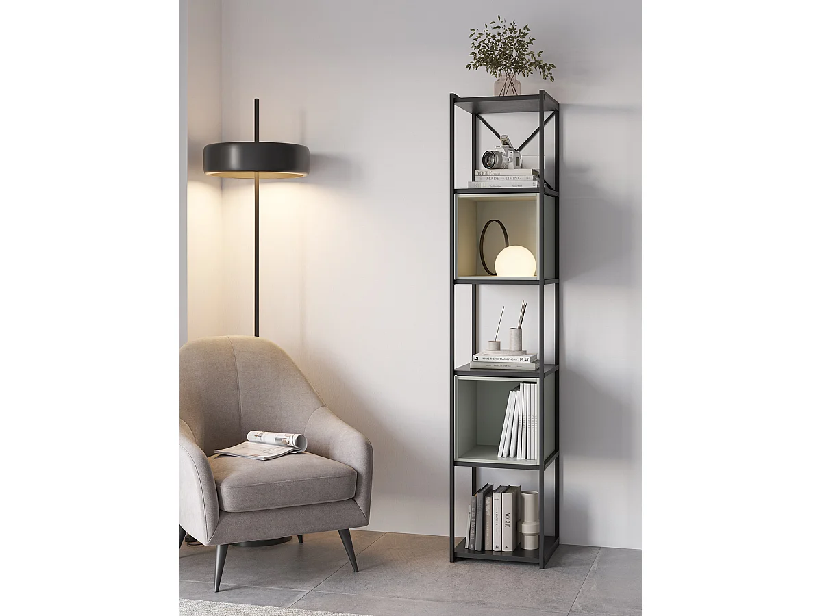 Bibliothèque, meuble étagère aspect bois coloris vert et métal noir - Longueur 36 x Profondeur 39 x Hauteur 179 cm