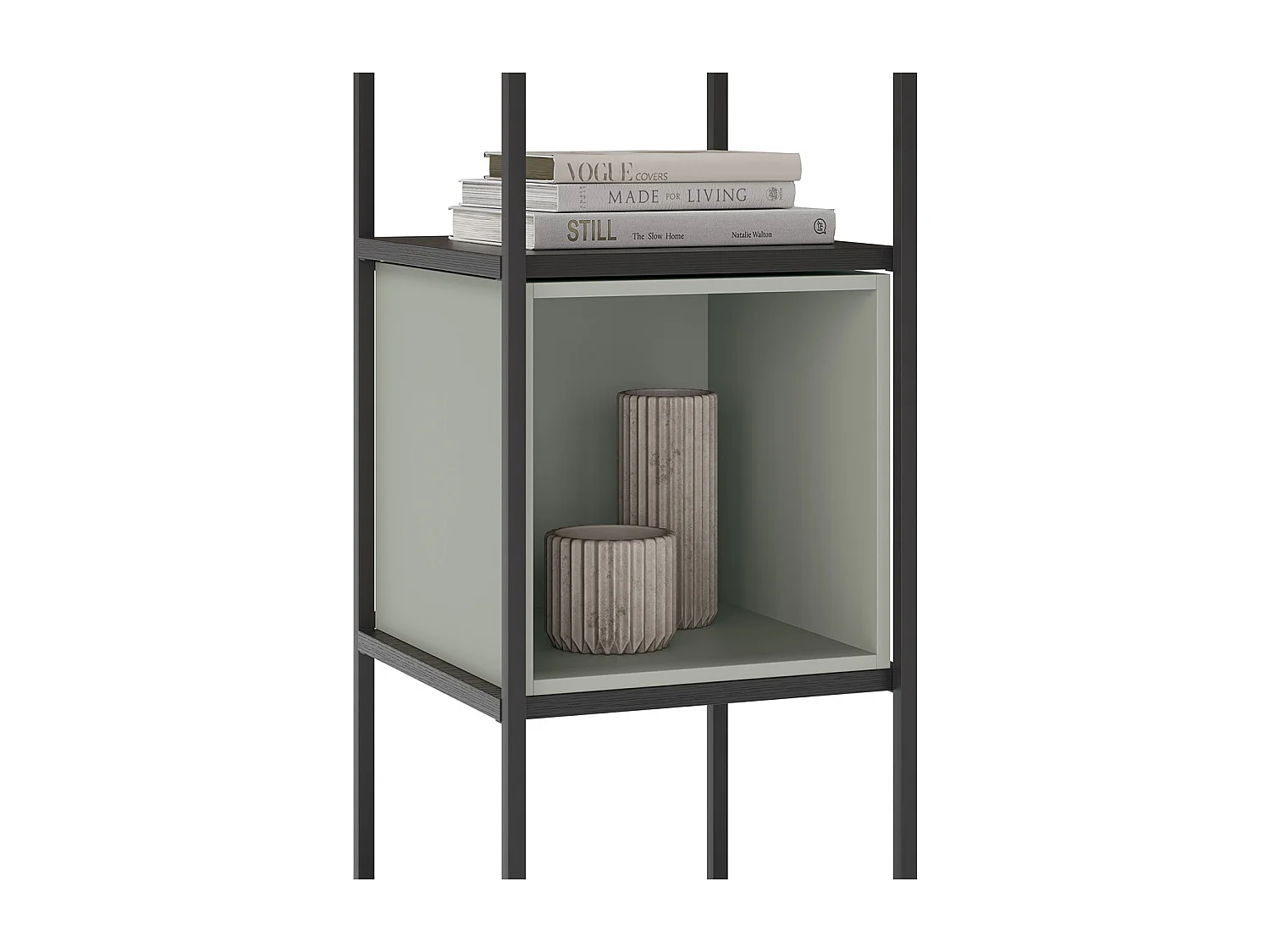 Bibliothèque, meuble étagère aspect bois coloris vert et métal noir - Longueur 36 x Profondeur 39 x Hauteur 179 cm