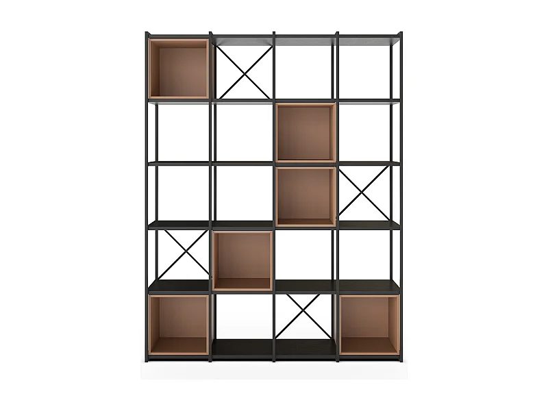 Etagère haute, meuble étagère aspect bois coloris terracotta et métal noir - Longueur 140 x Profondeur 39 x Hauteur 179 cm