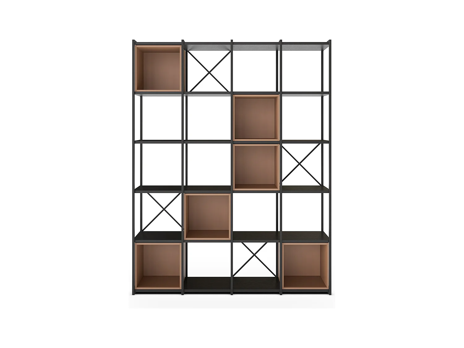 Etagère haute, meuble étagère aspect bois coloris terracotta et métal noir - Longueur 140 x Profondeur 39 x Hauteur 179 cm