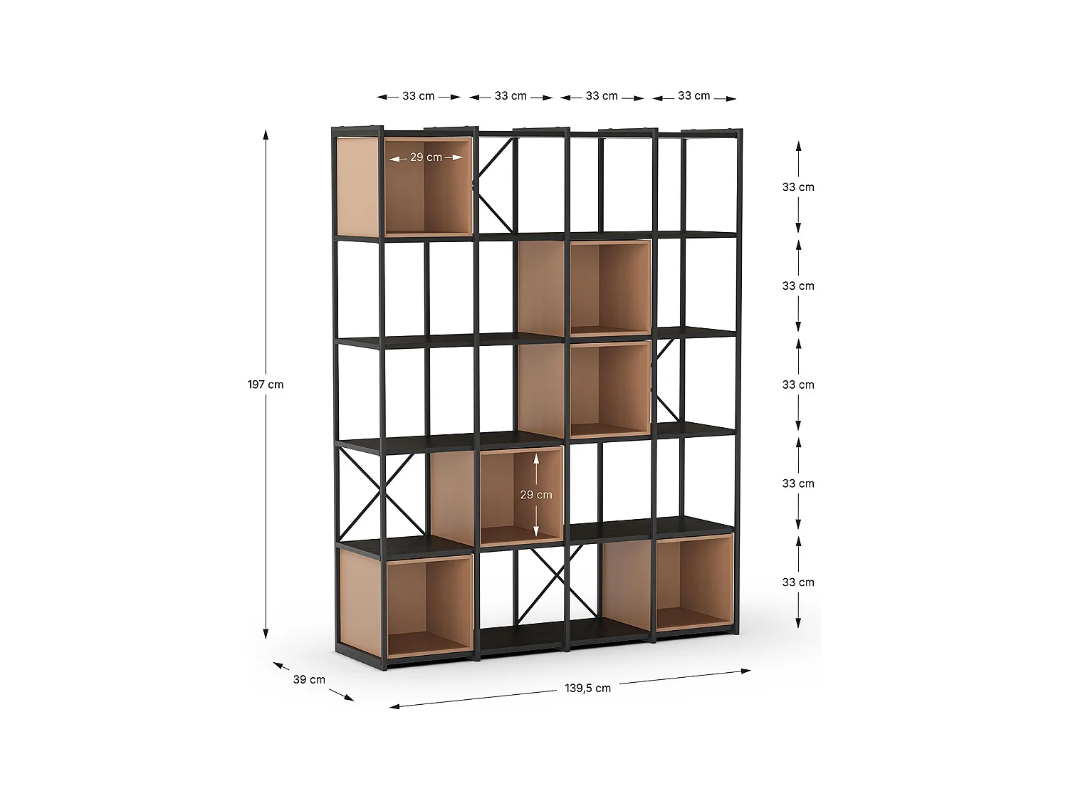 Etagère haute, meuble étagère aspect bois coloris terracotta et métal noir - Longueur 140 x Profondeur 39 x Hauteur 179 cm