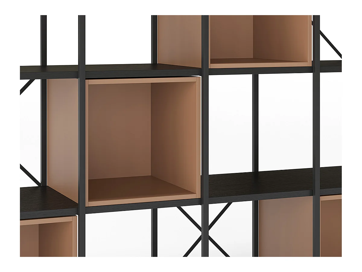 Etagère haute, meuble étagère aspect bois coloris terracotta et métal noir - Longueur 140 x Profondeur 39 x Hauteur 179 cm