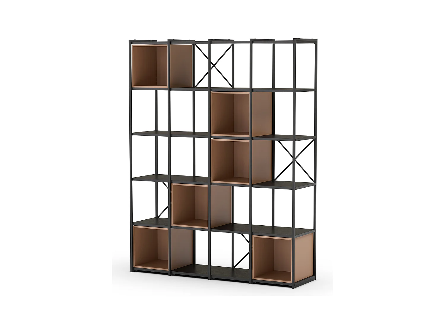 Etagère haute, meuble étagère aspect bois coloris terracotta et métal noir - Longueur 140 x Profondeur 39 x Hauteur 179 cm