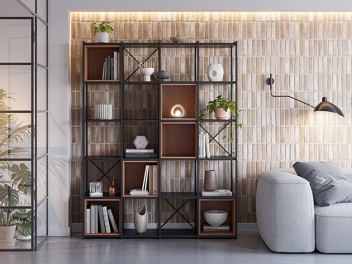 Etagère haute, meuble étagère aspect bois coloris terracotta et métal noir - Longueur 140 x Profondeur 39 x Hauteur 179 cm