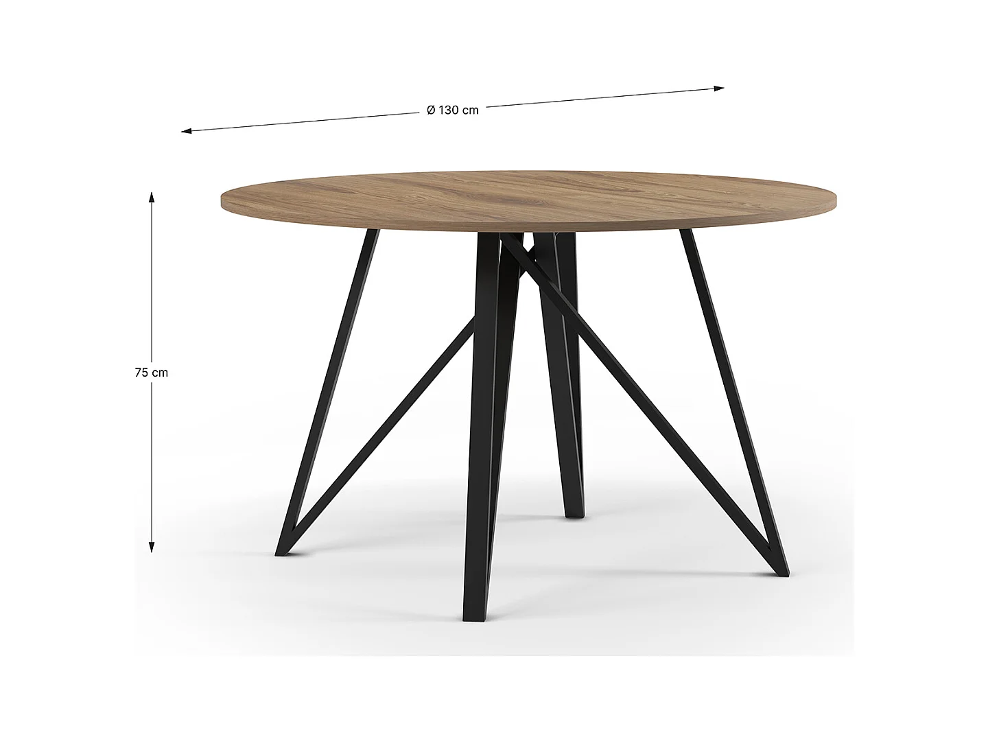 Table à manger, table de repas ronde aspect bois coloris chêne, pieds en métal noir -diamètre 130 x Hauteur 75 cm