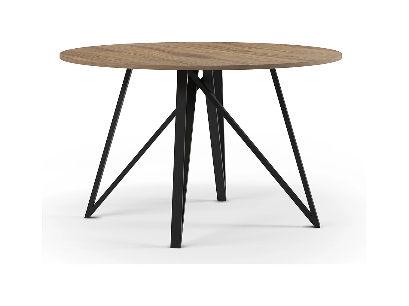 Table à manger, table de repas ronde aspect bois coloris chêne, pieds en métal noir -diamètre 130 x Hauteur 75 cm