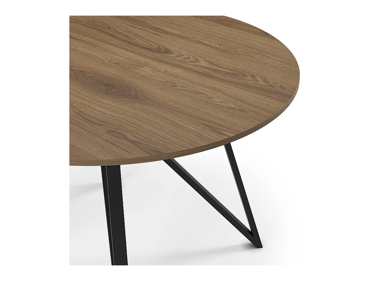Table à manger, table de repas ronde aspect bois coloris chêne, pieds en métal noir -diamètre 130 x Hauteur 75 cm
