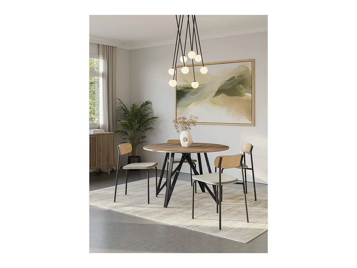 Table à manger, table de repas ronde aspect bois coloris chêne, pieds en métal noir -diamètre 130 x Hauteur 75 cm