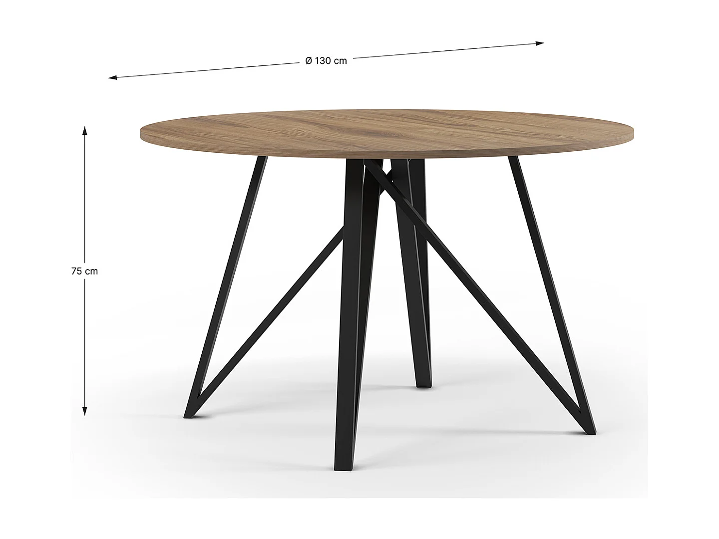 Table à manger, table de repas ronde aspect bois coloris chêne, pieds en métal noir -diamètre 130 x Hauteur 75 cm