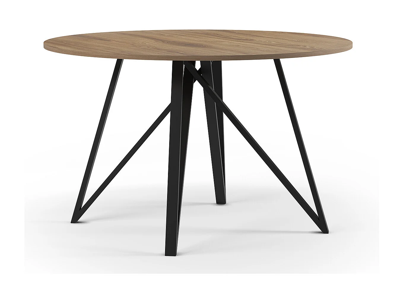 Table à manger, table de repas ronde aspect bois coloris chêne, pieds en métal noir -diamètre 130 x Hauteur 75 cm