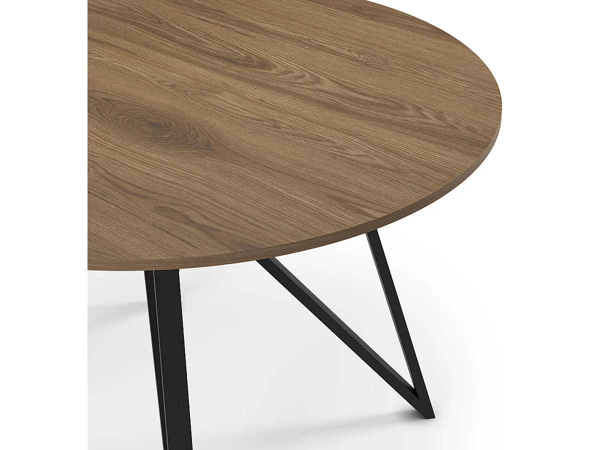 Table à manger, table de repas ronde aspect bois coloris chêne, pieds en métal noir -diamètre 130 x Hauteur 75 cm