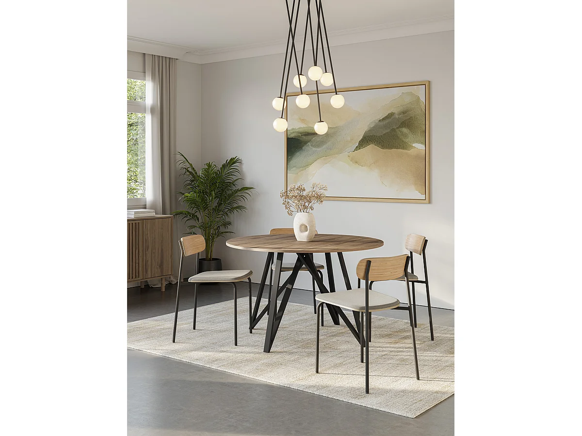 Table à manger, table de repas ronde aspect bois coloris chêne, pieds en métal noir -diamètre 130 x Hauteur 75 cm