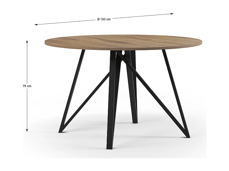 Table à manger, table de repas ronde aspect bois coloris chêne, pieds en métal noir -diamètre 130 x Hauteur 75 cm
