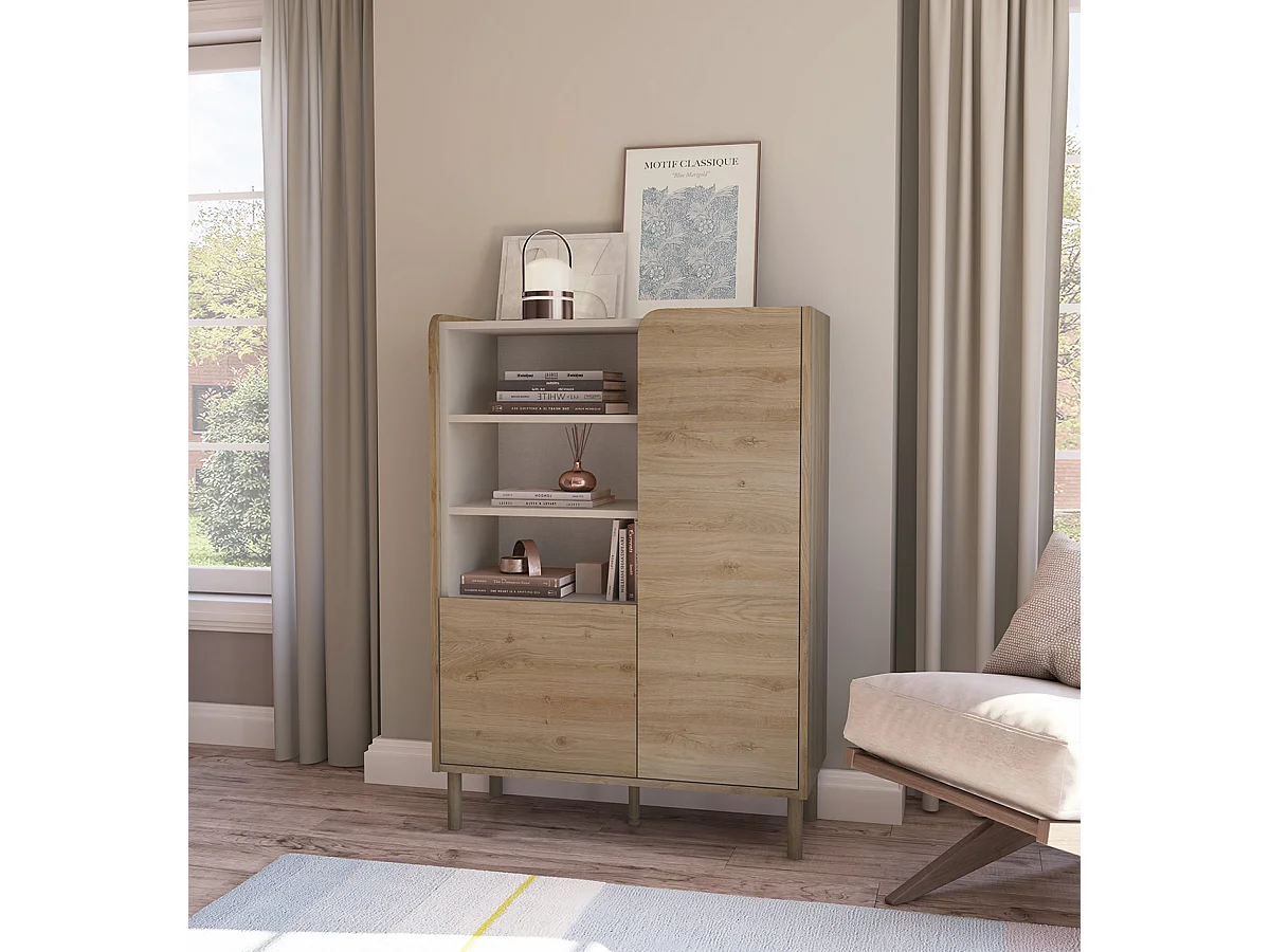 Buffet, meuble de rangement avec 2 portes aspect bois coloris chêne - Longueur 90 x Profondeur 40 x Hauteur 125 cm
