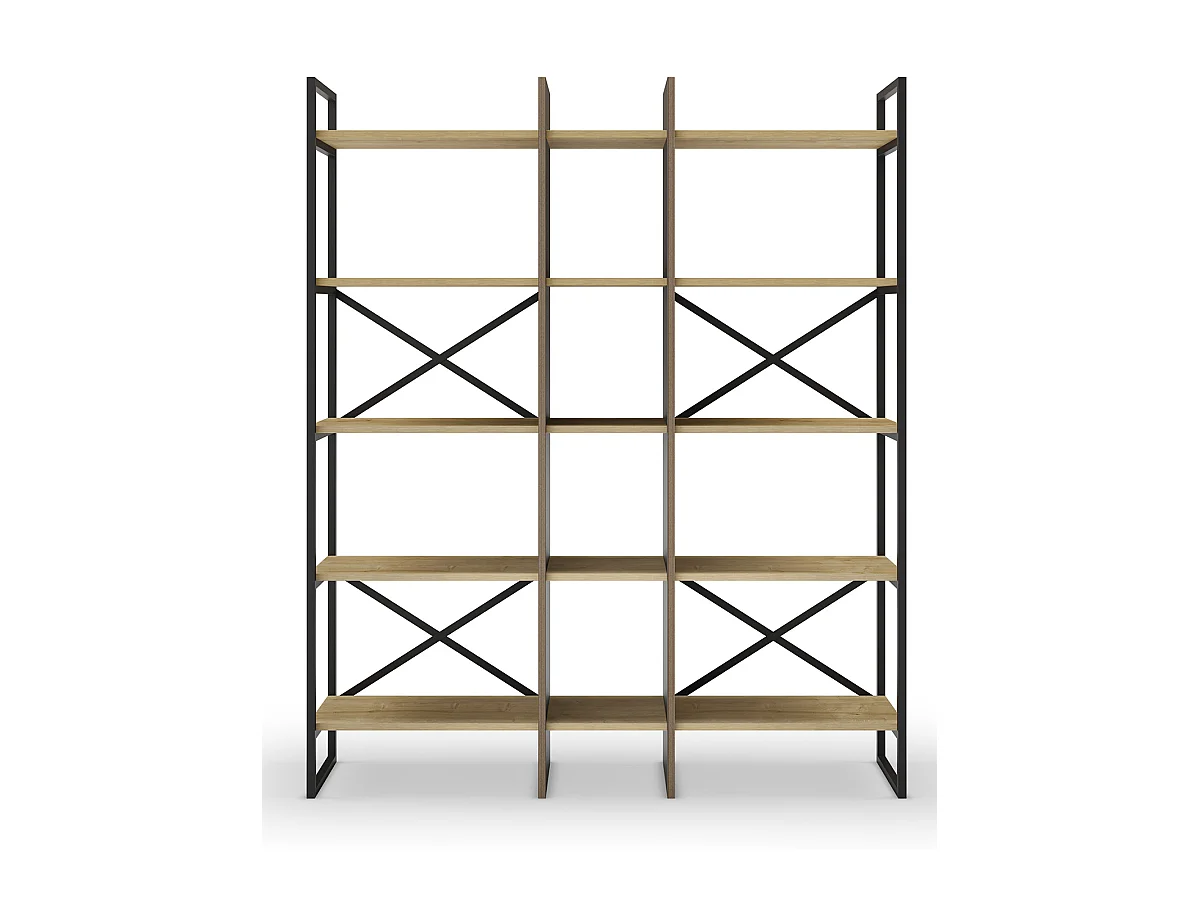 Etagère haute, meuble étagère aspect bois coloris chêne et métal noir  - Longueur 143,50 x Profondeur 35 x Hauteur 175 cm