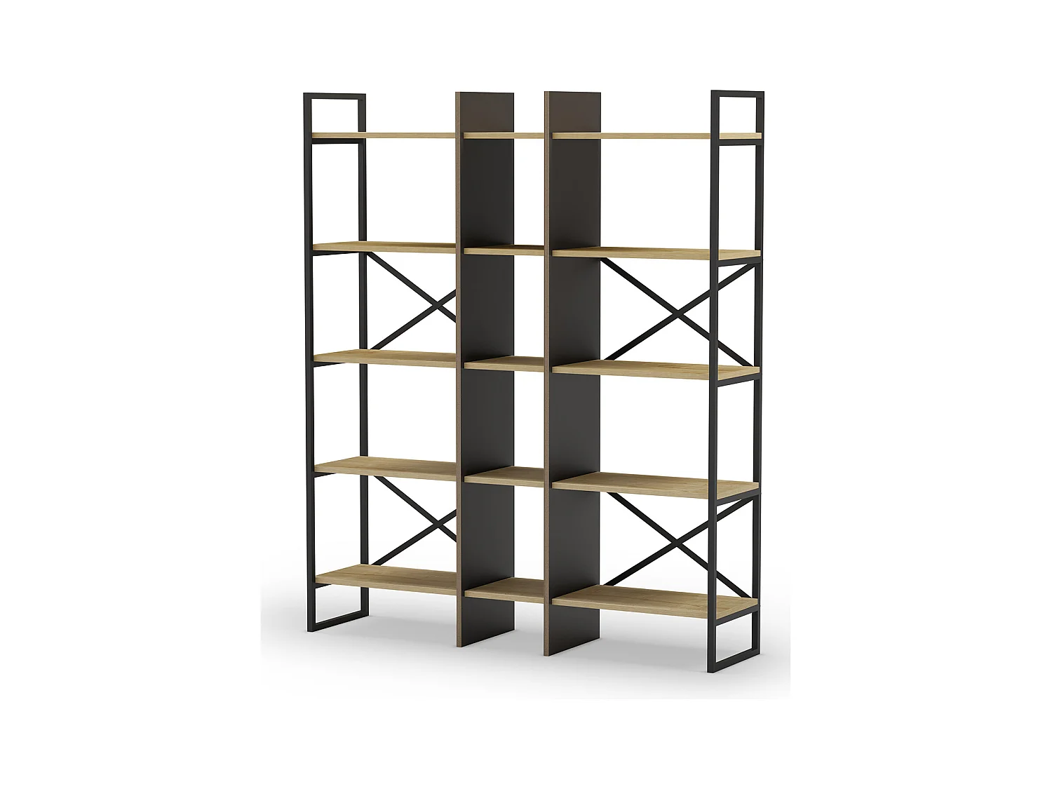 Etagère haute, meuble étagère aspect bois coloris chêne et métal noir  - Longueur 143,50 x Profondeur 35 x Hauteur 175 cm