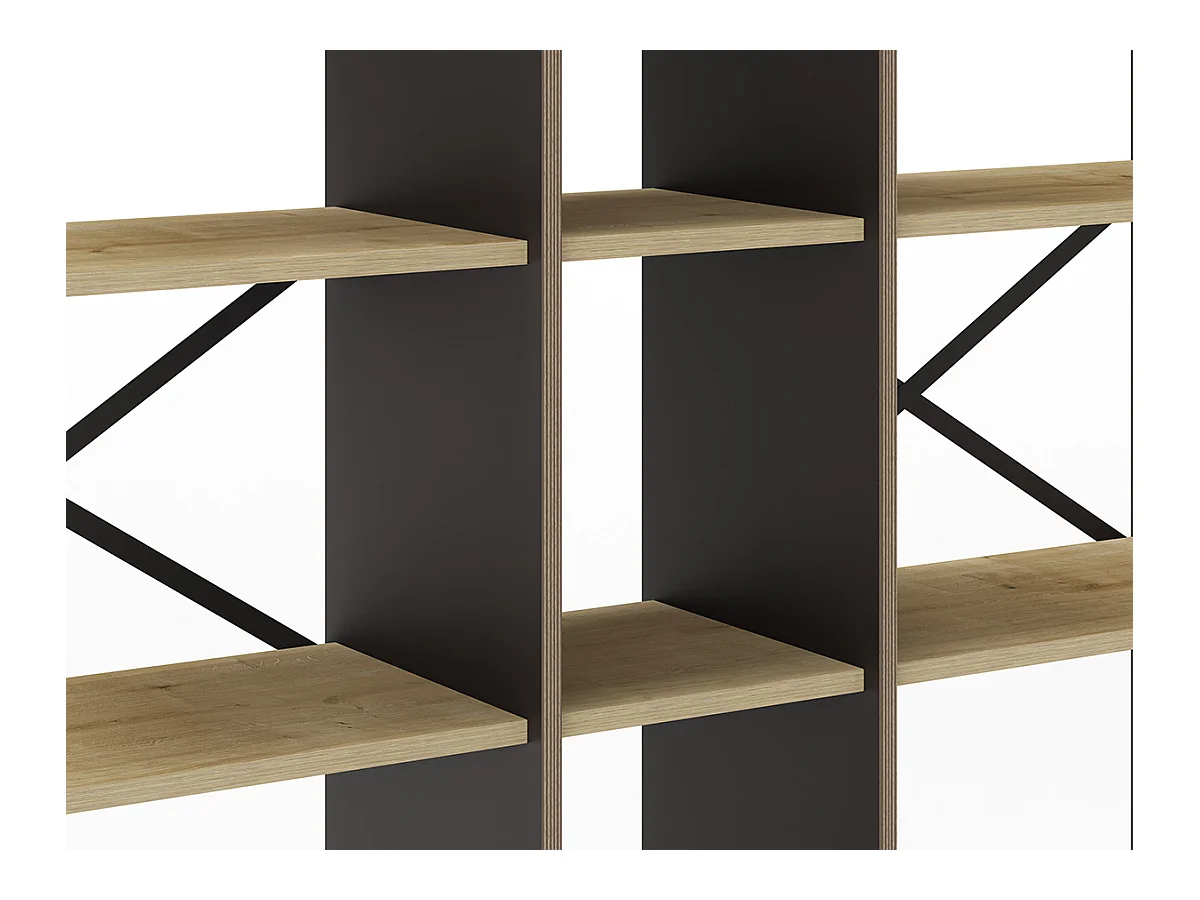 Etagère haute, meuble étagère aspect bois coloris chêne et métal noir  - Longueur 143,50 x Profondeur 35 x Hauteur 175 cm