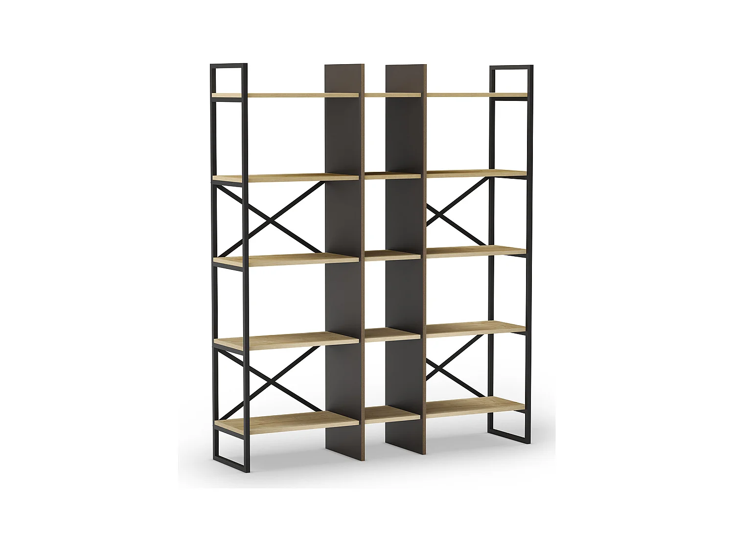 Etagère haute, meuble étagère aspect bois coloris chêne et métal noir  - Longueur 143,50 x Profondeur 35 x Hauteur 175 cm
