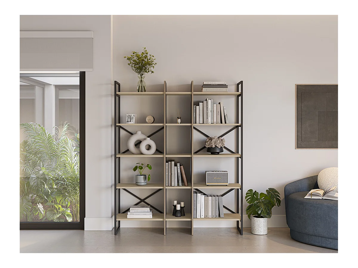 Etagère haute, meuble étagère aspect bois coloris chêne et métal noir  - Longueur 143,50 x Profondeur 35 x Hauteur 175 cm