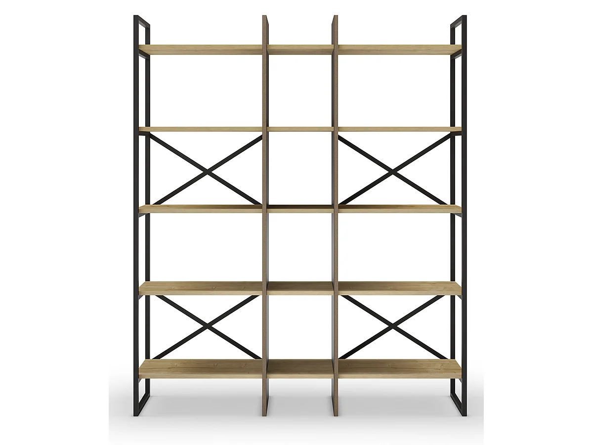 Etagère haute, meuble étagère aspect bois coloris chêne et métal noir  - Longueur 143,50 x Profondeur 35 x Hauteur 175 cm