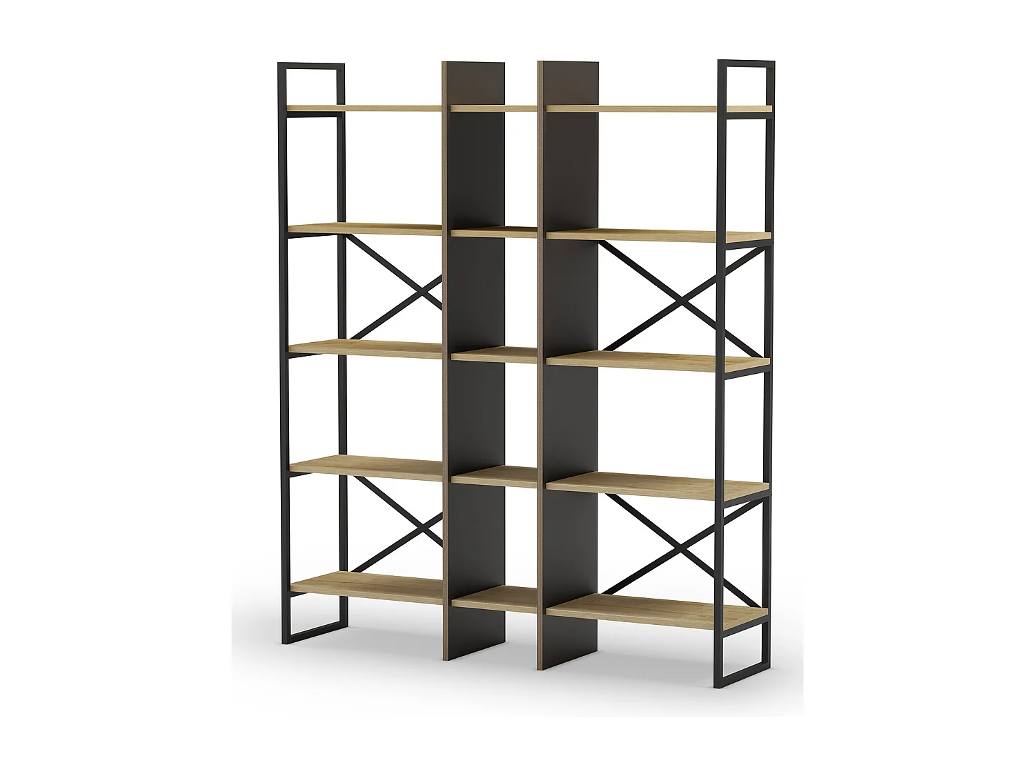 Etagère haute, meuble étagère aspect bois coloris chêne et métal noir  - Longueur 143,50 x Profondeur 35 x Hauteur 175 cm