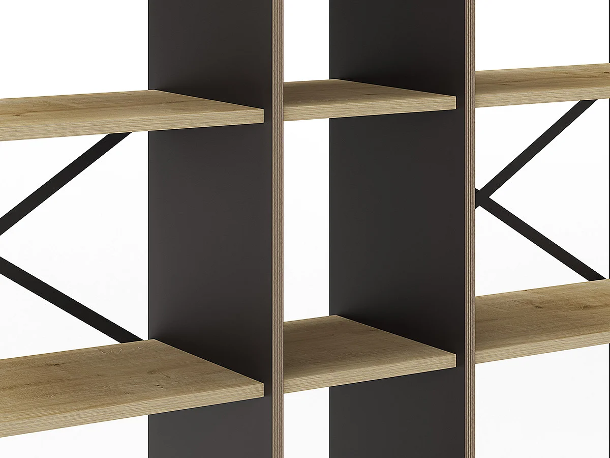 Etagère haute, meuble étagère aspect bois coloris chêne et métal noir  - Longueur 143,50 x Profondeur 35 x Hauteur 175 cm