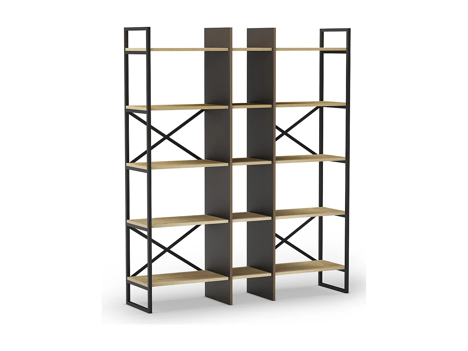 Etagère haute, meuble étagère aspect bois coloris chêne et métal noir  - Longueur 143,50 x Profondeur 35 x Hauteur 175 cm