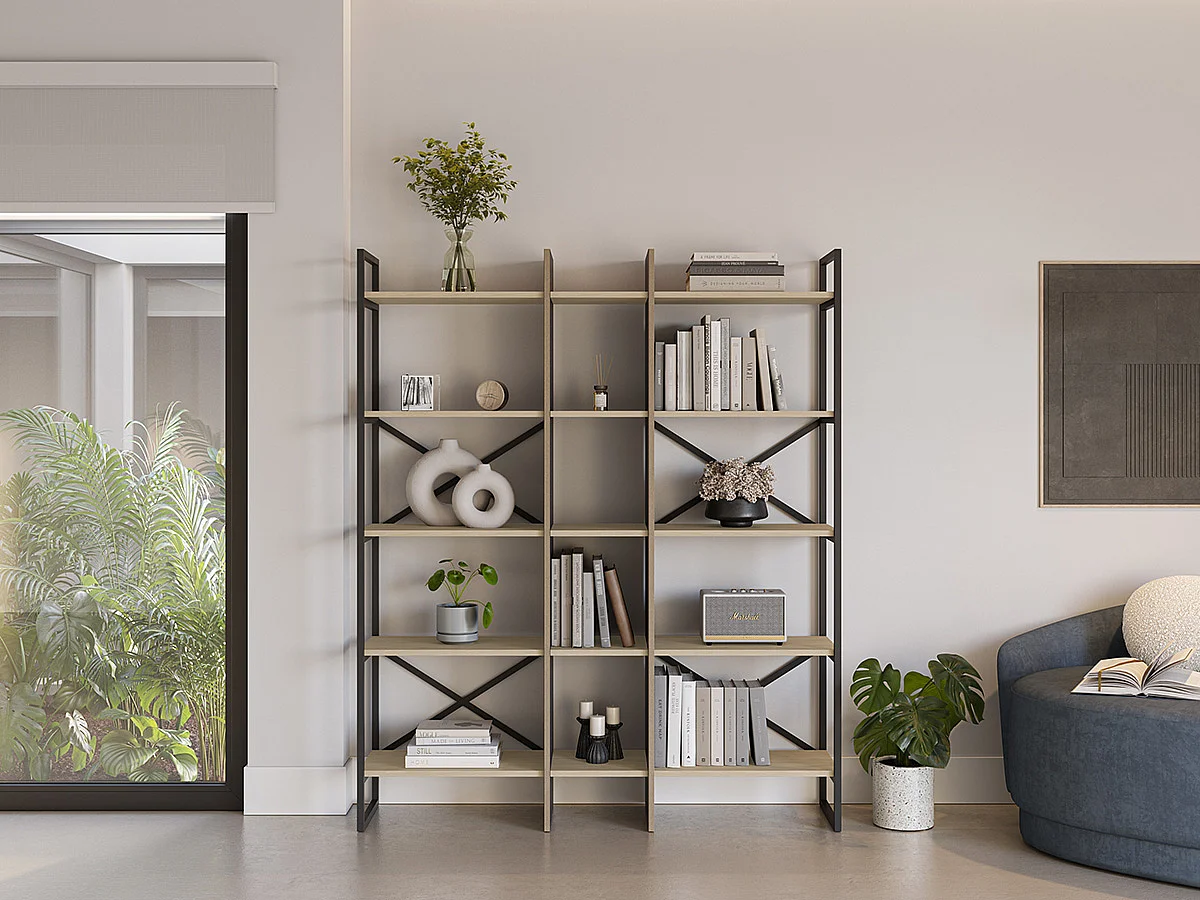 Etagère haute, meuble étagère aspect bois coloris chêne et métal noir  - Longueur 143,50 x Profondeur 35 x Hauteur 175 cm