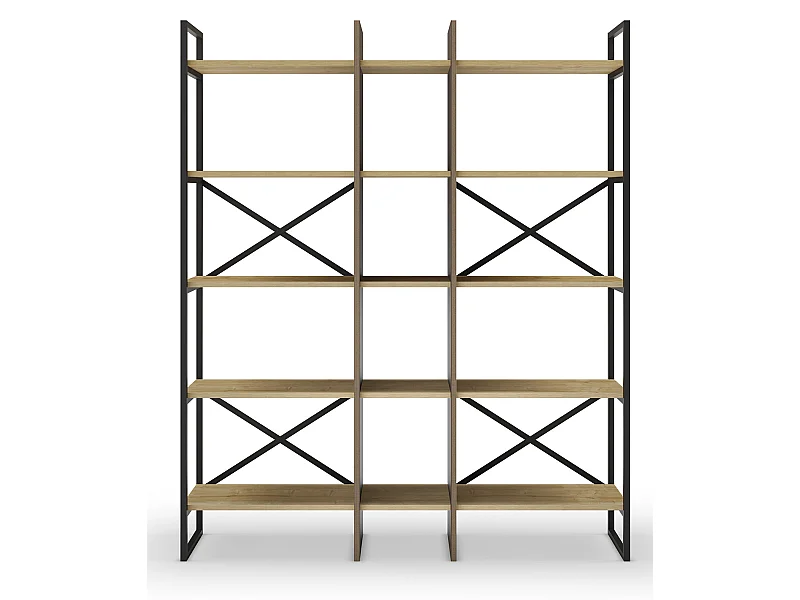 Etagère haute, meuble étagère aspect bois coloris chêne et métal noir  - Longueur 143,50 x Profondeur 35 x Hauteur 175 cm