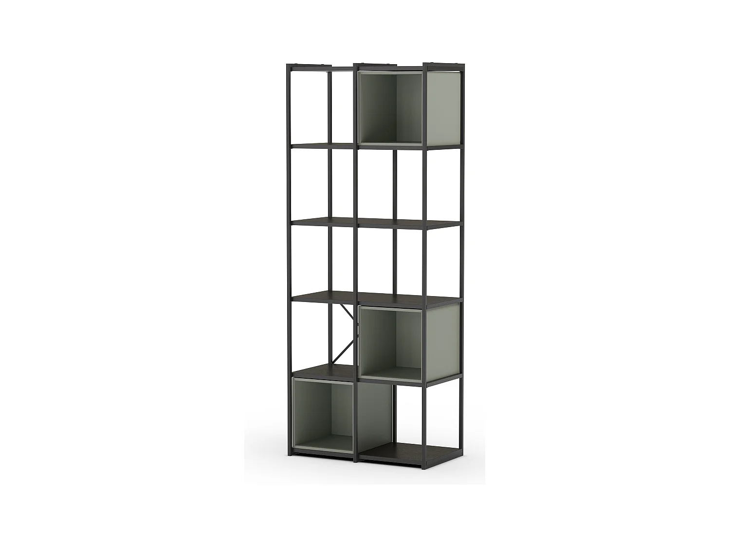Bibliothèque haute, meuble étagère aspect bois coloris Vert et métal noir - Longueur 70 x Profondeur 39 x Hauteur 179 cm