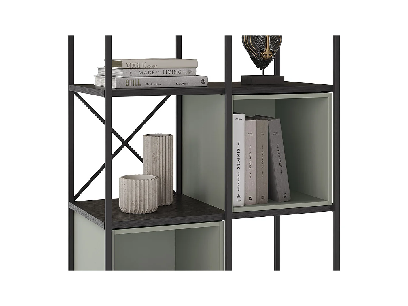 Bibliothèque haute, meuble étagère aspect bois coloris Vert et métal noir - Longueur 70 x Profondeur 39 x Hauteur 179 cm