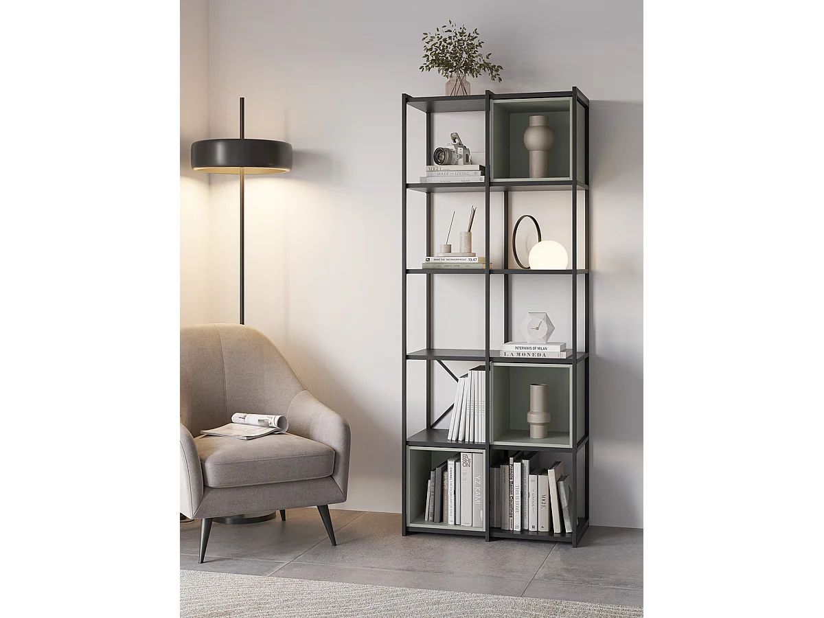 Bibliothèque haute, meuble étagère aspect bois coloris Vert et métal noir - Longueur 70 x Profondeur 39 x Hauteur 179 cm