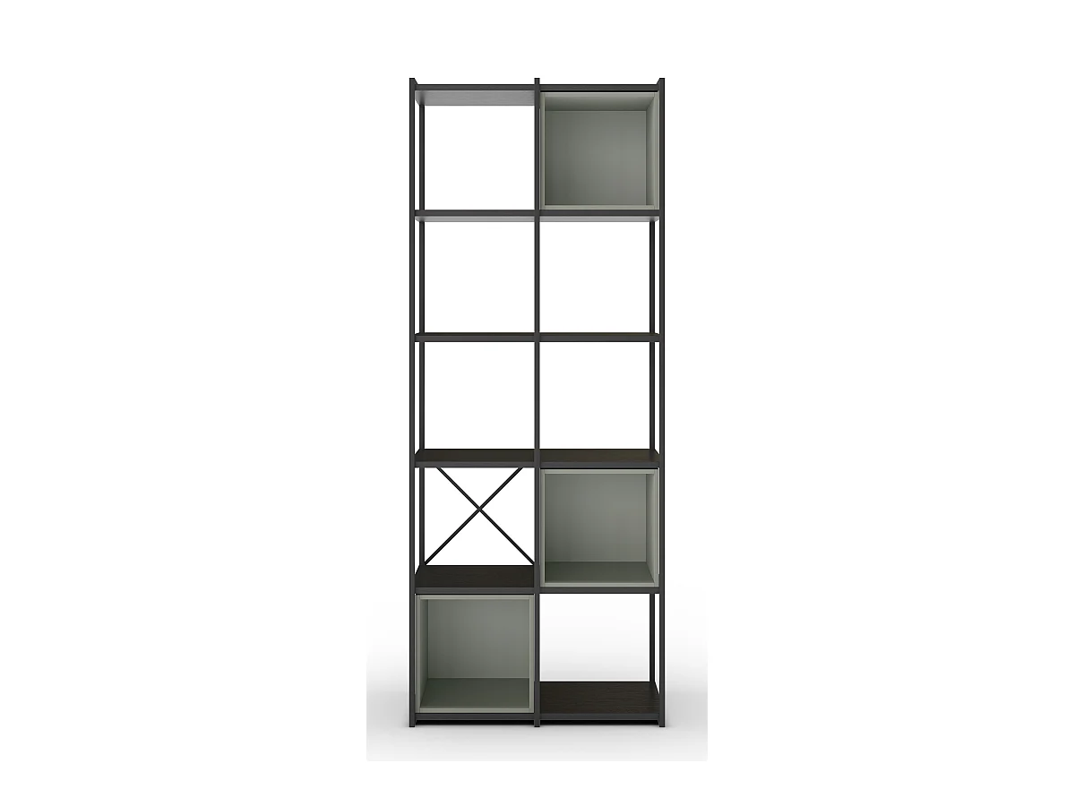 Bibliothèque haute, meuble étagère aspect bois coloris Vert et métal noir - Longueur 70 x Profondeur 39 x Hauteur 179 cm
