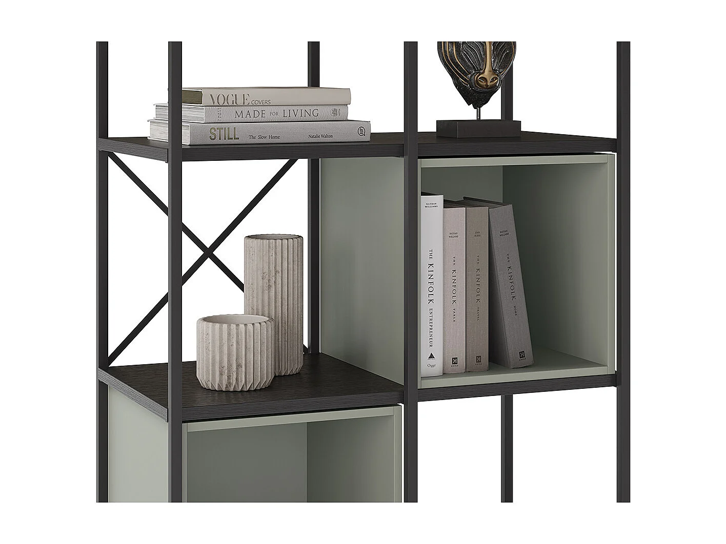 Bibliothèque haute, meuble étagère aspect bois coloris Vert et métal noir - Longueur 70 x Profondeur 39 x Hauteur 179 cm