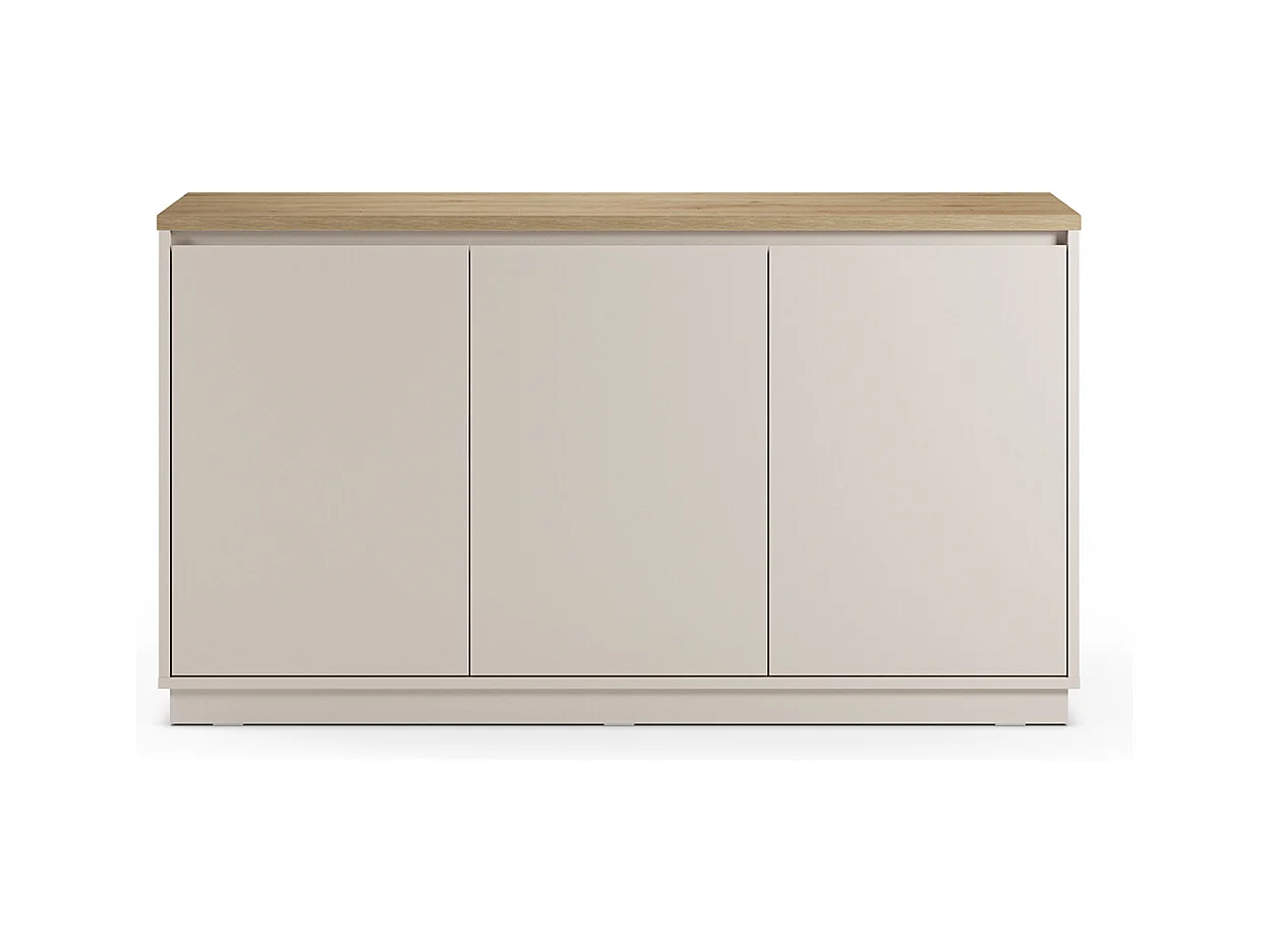 Buffet, commode de rangement aspect bois avec 3 portes coloris chêne, blanc - Longueur 152 x Profondeur 40,1 x Hauteur 84,40 cm