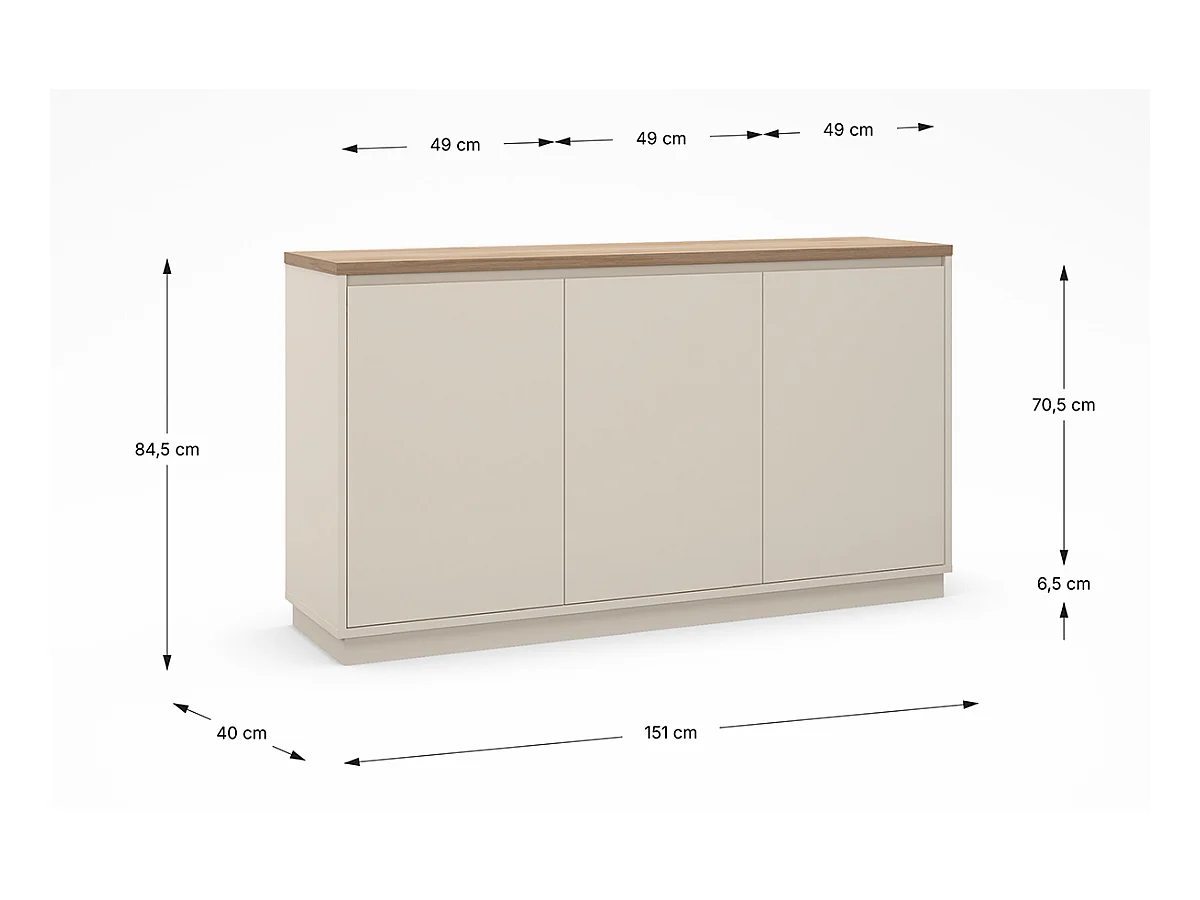 Buffet, commode de rangement aspect bois avec 3 portes coloris chêne, blanc - Longueur 152 x Profondeur 40,1 x Hauteur 84,40 cm