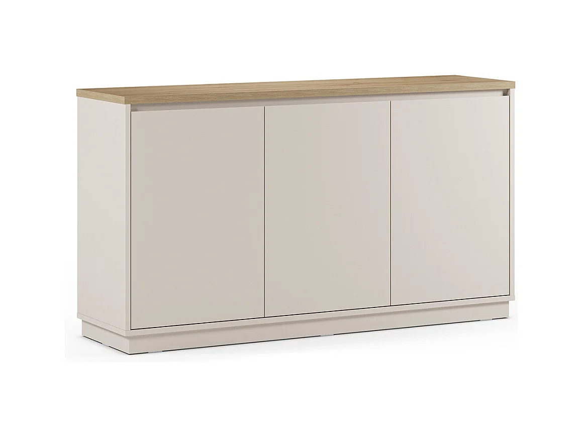 Buffet, commode de rangement aspect bois avec 3 portes coloris chêne, blanc - Longueur 152 x Profondeur 40,1 x Hauteur 84,40 cm