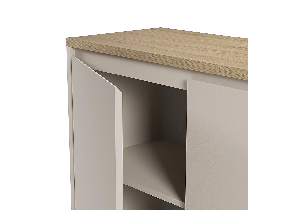 Buffet, commode de rangement aspect bois avec 3 portes coloris chêne, blanc - Longueur 152 x Profondeur 40,1 x Hauteur 84,40 cm