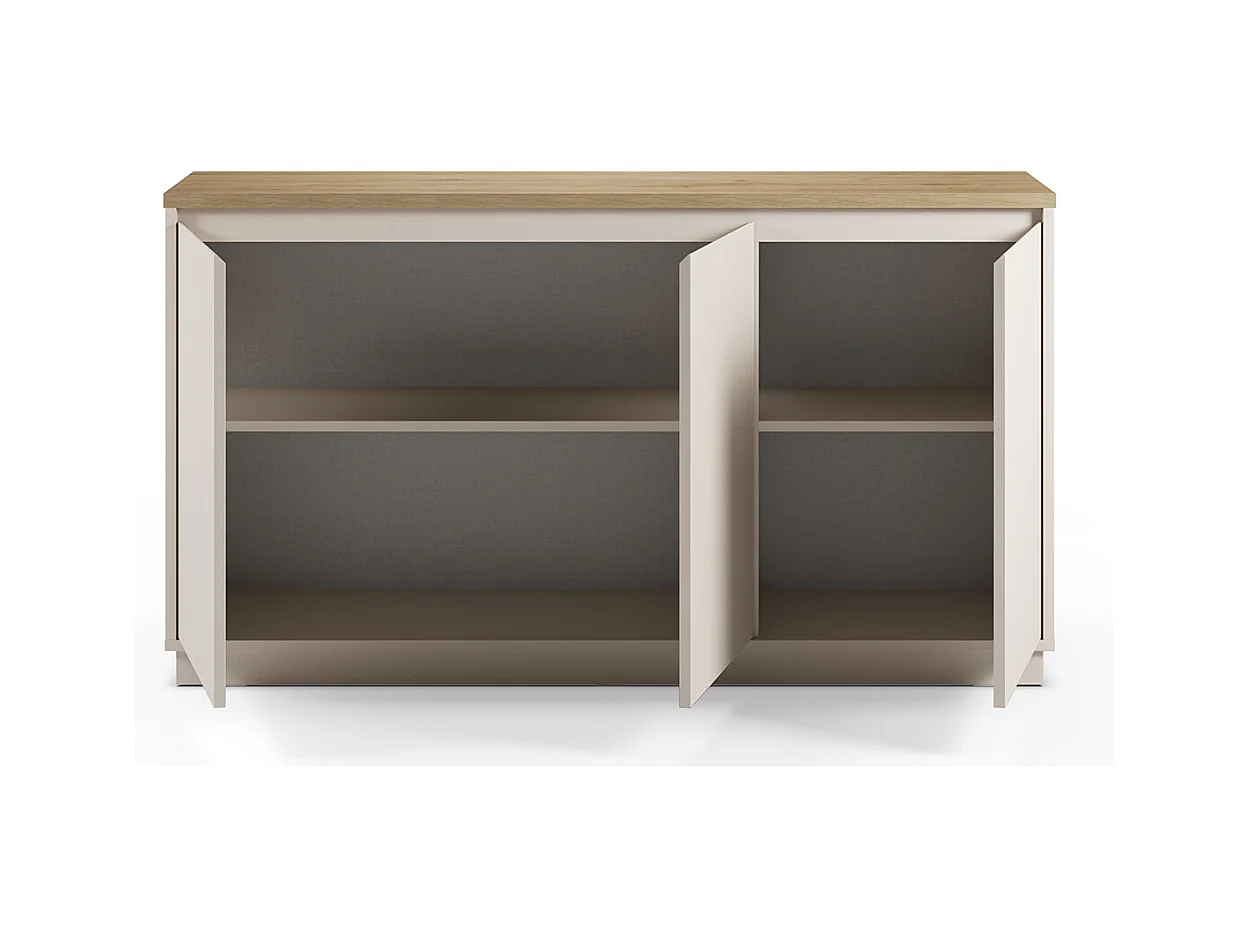 Buffet, commode de rangement aspect bois avec 3 portes coloris chêne, blanc - Longueur 152 x Profondeur 40,1 x Hauteur 84,40 cm