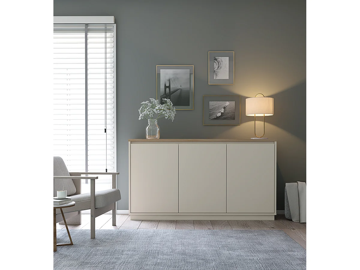 Buffet, commode de rangement aspect bois avec 3 portes coloris chêne, blanc - Longueur 152 x Profondeur 40,1 x Hauteur 84,40 cm