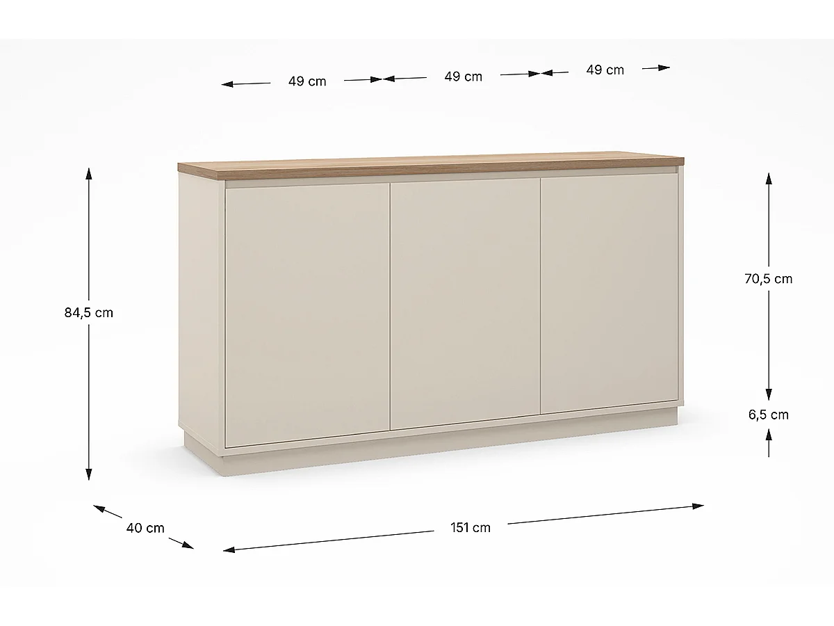 Buffet, commode de rangement aspect bois avec 3 portes coloris chêne, blanc - Longueur 152 x Profondeur 40,1 x Hauteur 84,40 cm