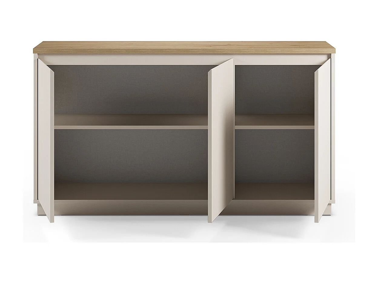 Buffet, commode de rangement aspect bois avec 3 portes coloris chêne, blanc - Longueur 152 x Profondeur 40,1 x Hauteur 84,40 cm