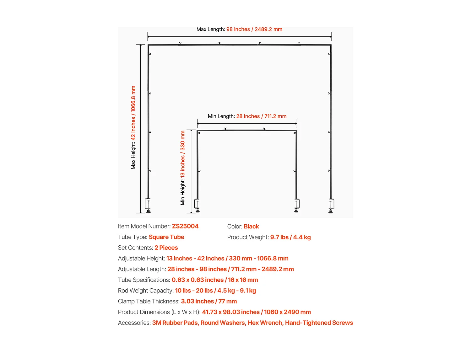Tafelstanghouder SucceBuy met Klemmen, Tafelbooghouder, 2 PCS, Hoogte Verstelbaar 33-106.7 cm Lengte Verstelbaar 71.1-249 cm, Metaalboogframe