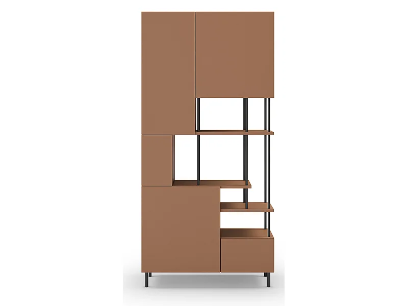 Etagère haute, meuble étagère avec 5 portes aspect bois coloris terracotta, pieds en métal noir  - Longueur 84 x Profondeur 34 x Hauteur 175 cm