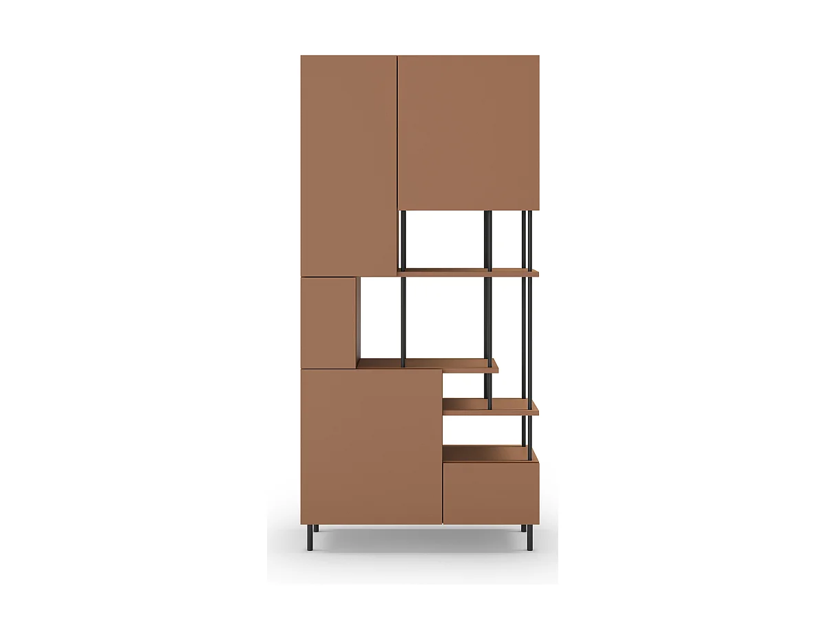 Etagère haute, meuble étagère avec 5 portes aspect bois coloris terracotta, pieds en métal noir  - Longueur 84 x Profondeur 34 x Hauteur 175 cm