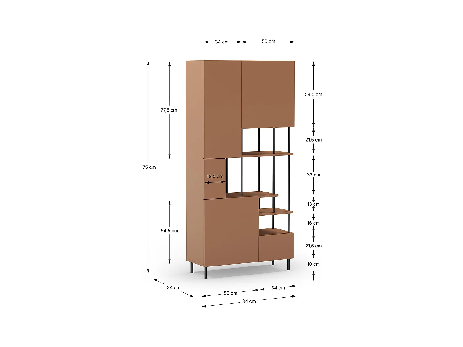 Etagère haute, meuble étagère avec 5 portes aspect bois coloris terracotta, pieds en métal noir  - Longueur 84 x Profondeur 34 x Hauteur 175 cm