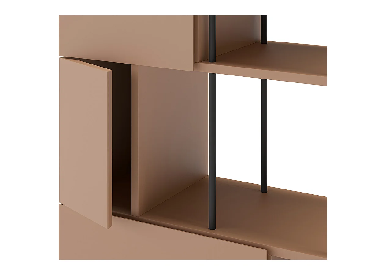 Etagère haute, meuble étagère avec 5 portes aspect bois coloris terracotta, pieds en métal noir  - Longueur 84 x Profondeur 34 x Hauteur 175 cm