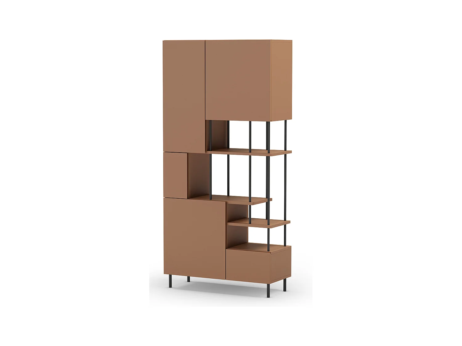 Etagère haute, meuble étagère avec 5 portes aspect bois coloris terracotta, pieds en métal noir  - Longueur 84 x Profondeur 34 x Hauteur 175 cm