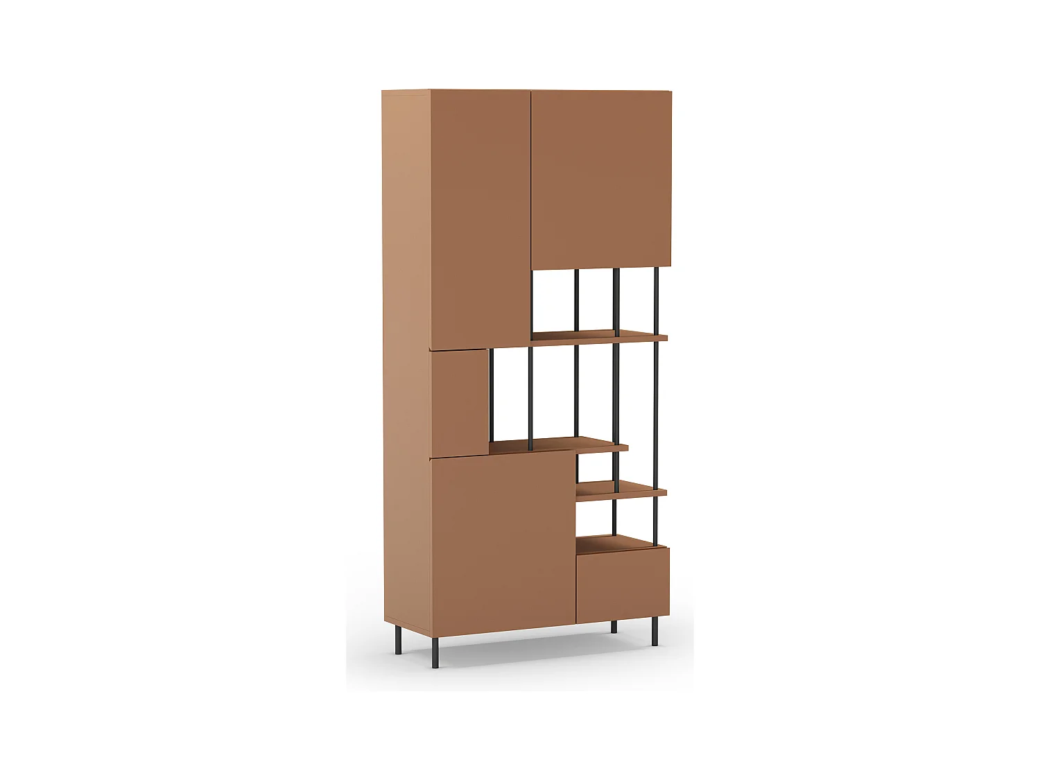 Etagère haute, meuble étagère avec 5 portes aspect bois coloris terracotta, pieds en métal noir  - Longueur 84 x Profondeur 34 x Hauteur 175 cm